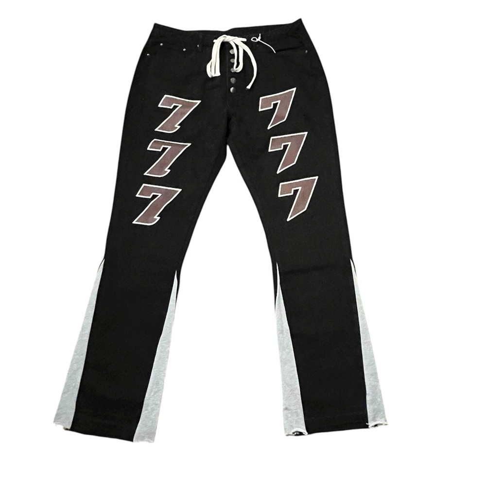 Black Bootcut Flared 100% Cotton Jeans Pants with 777 Design Size: 10 - Picture 2 of 8